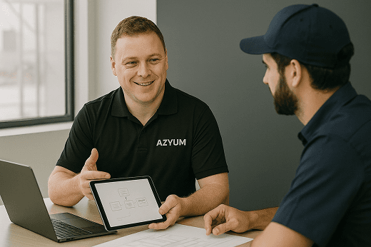 Ben Rayner consulting with another plumber