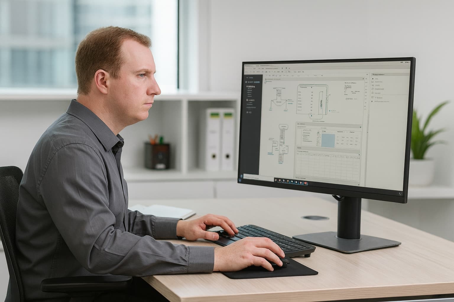 Outright Plumbing Senior Estimator working at a computer